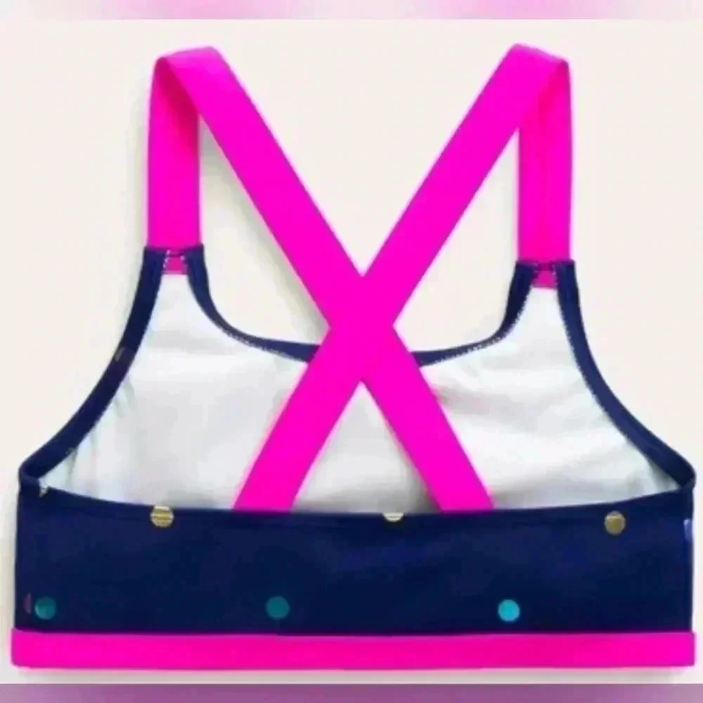 Cross back bikini top in rainbow foil confetti.  NWT size 13/14 youth